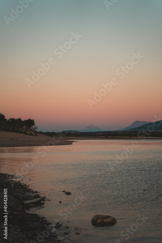 Sunset in Yesa swamp shore in northern Spain