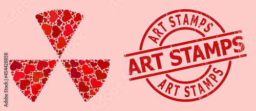 Grunge Art Stamps stamp seal, and red love heart mosaic for circle sectors. Red round seal includes Art Stamps tag inside circle. Circle sectors mosaic is constructed with red wedding icons.