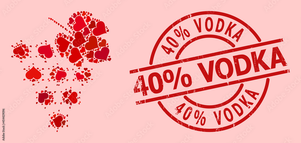 Grunge 40% Vodka stamp seal, and red love heart collage for virus grape bunch. Red round stamp seal includes 40% Vodka tag inside circle. Virus grape bunch collage is done with red wedding items. Grunge 40% Vodka stamp seal, and red love heart collage for virus grape bunch. Red round stamp seal includes 40% Vodka tag inside circle. Virus grape bunch collage is done with red wedding items.
