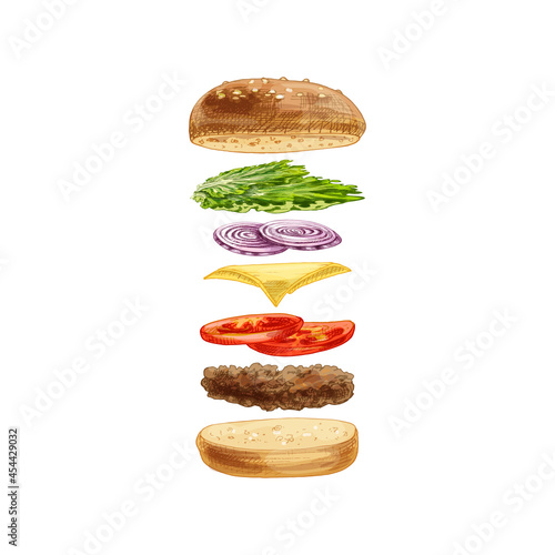 Burger with flying ingredients on white background. Vector vintage hatching