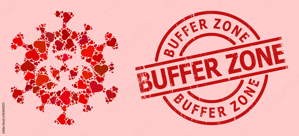 Scratched Buffer Zone stamp, and red love heart mosaic for biohazard coronavirus. Red round stamp includes Buffer Zone title inside circle. Scratched Buffer Zone stamp, and red love heart mosaic for biohazard coronavirus. Red round stamp includes Buffer Zone title inside circle.