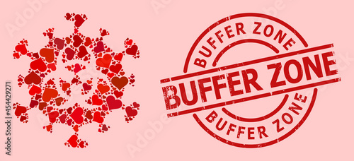 Scratched Buffer Zone stamp, and red love heart mosaic for biohazard coronavirus. Red round stamp includes Buffer Zone title inside circle.