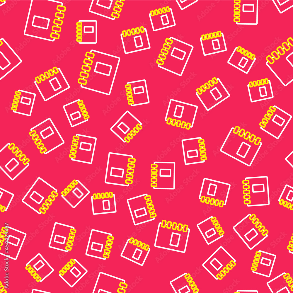 Line Notebook icon isolated seamless pattern on red background. Spiral notepad icon. School notebook. Writing pad. Diary for school. Vector Line Notebook icon isolated seamless pattern on red background. Spiral notepad icon. School notebook. Writing pad. Diary for school. Vector