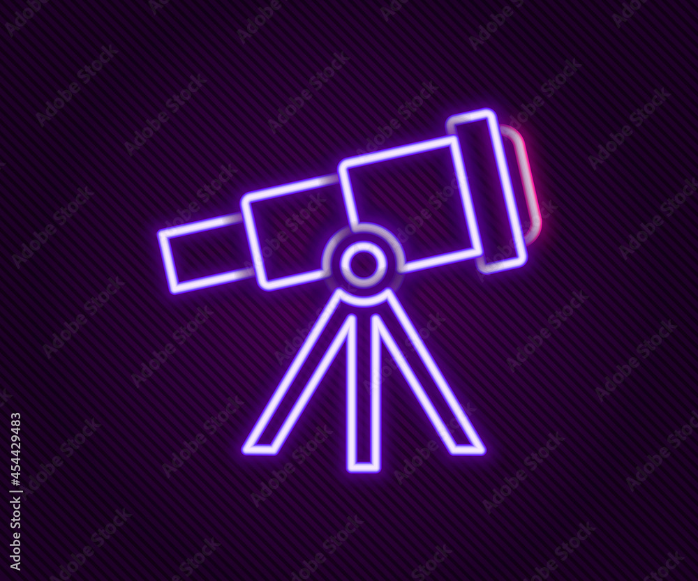 Glowing neon line Telescope icon isolated on black background. Scientific tool. Education and astronomy element, spyglass and study stars. Colorful outline concept. Vector Glowing neon line Telescope icon isolated on black background. Scientific tool. Education and astronomy element, spyglass and study stars. Colorful outline concept. Vector
