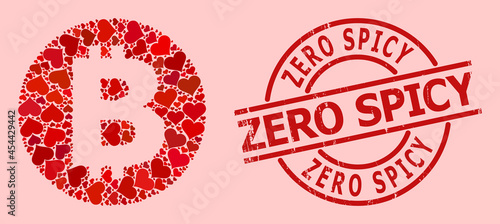 Textured Zero Spicy stamp seal, and red love heart pattern for bitcoin. Red round stamp seal contains Zero Spicy tag inside circle. Bitcoin mosaic is made of red dating symbols.