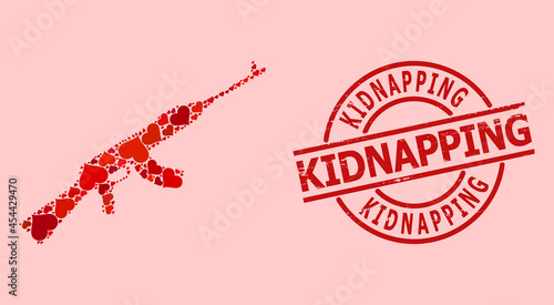 Distress Kidnapping stamp, and red love heart collage for kalashnikov gun. Red round stamp seal contains Kidnapping caption inside circle. Kalashnikov gun collage is made with red valentine symbols.