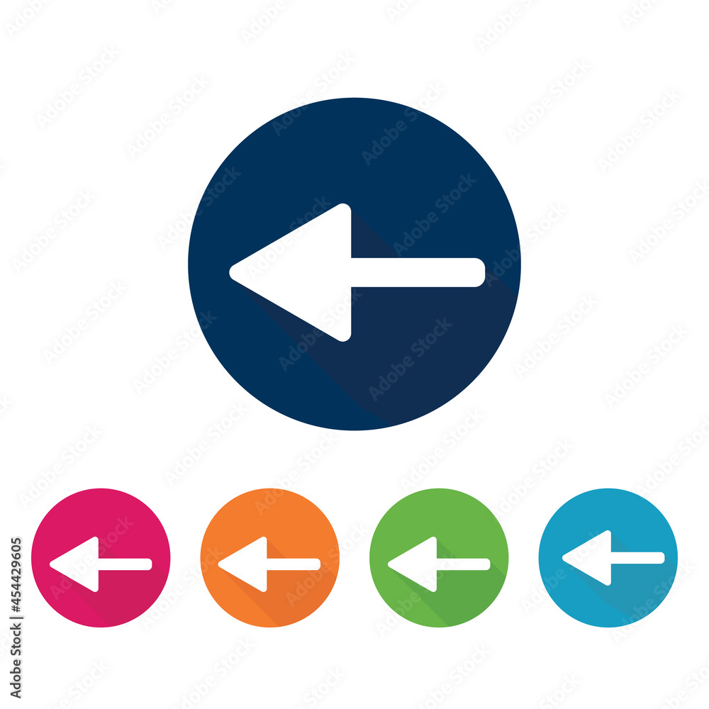 5 different colored circles isolated with left arrow icon. 5 different colored circles isolated with left arrow icon.