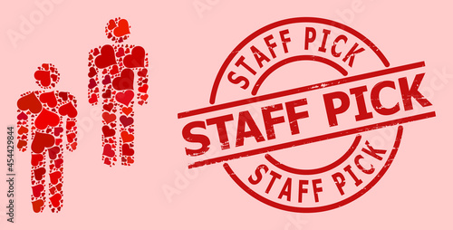 Rubber Staff Pick stamp seal, and red love heart pattern for people. Red round stamp seal has Staff Pick tag inside circle. People collage is formed from red valentine symbols.