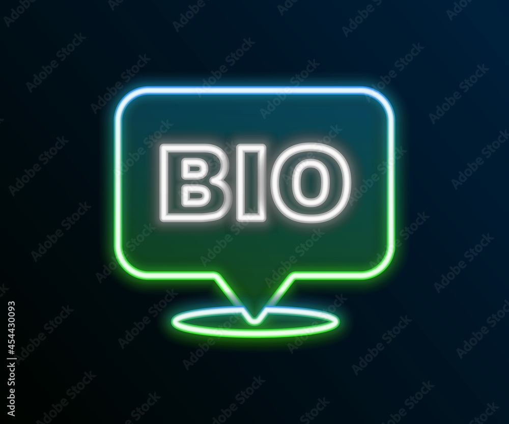 Glowing neon line Bio green healthy food icon isolated on black background. Organic product. Healthy food sticker. Colorful outline concept. Vector Glowing neon line Bio green healthy food icon isolated on black background. Organic product. Healthy food sticker. Colorful outline concept. Vector