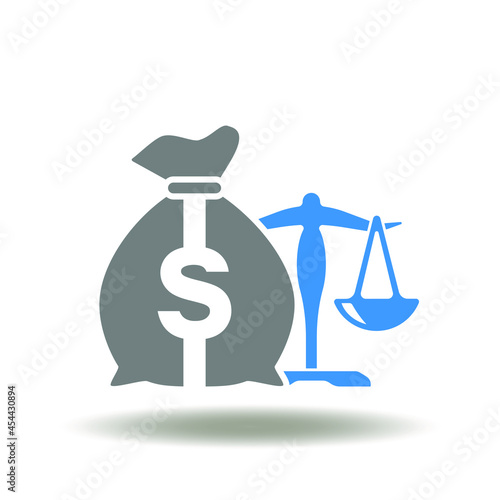 Bag money with scales vector illustration. Liquidity and profitability symbol. Financial law and corruption icon. AML sign.