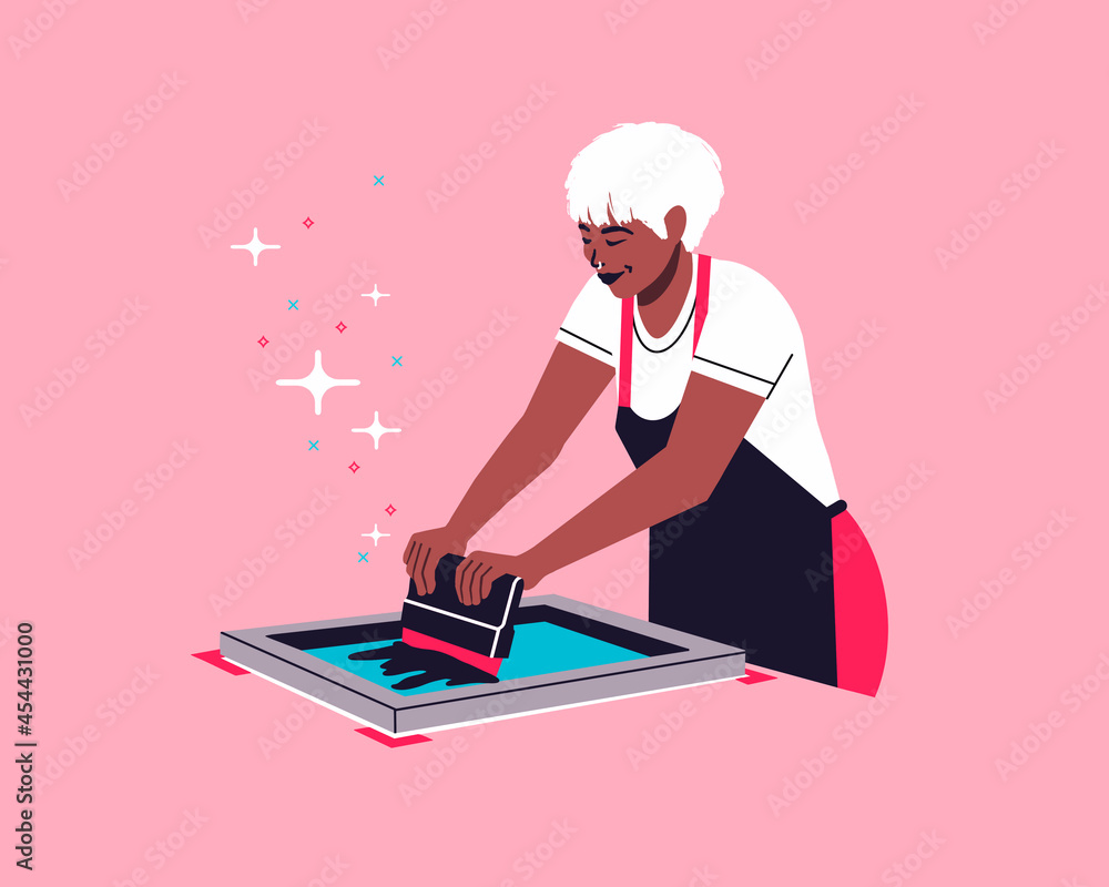 Screen printing artist. silkscreen printing technique. non binary