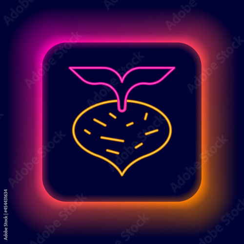 Glowing neon line Fresh beet with leaf icon isolated on black background. Natural Root. Vegetable Ingredient for food. Colorful outline concept. Vector