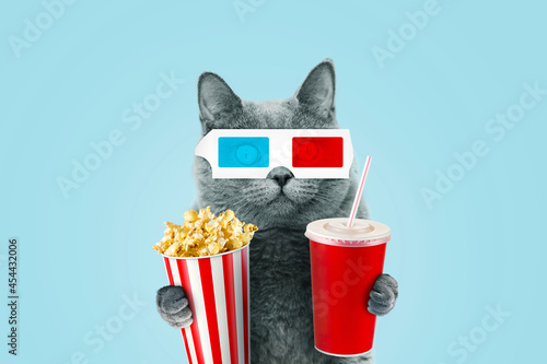 Funny hipster cat in 3D stereo glasses eating popcorn and a drinks coke at the movies on a blue background.