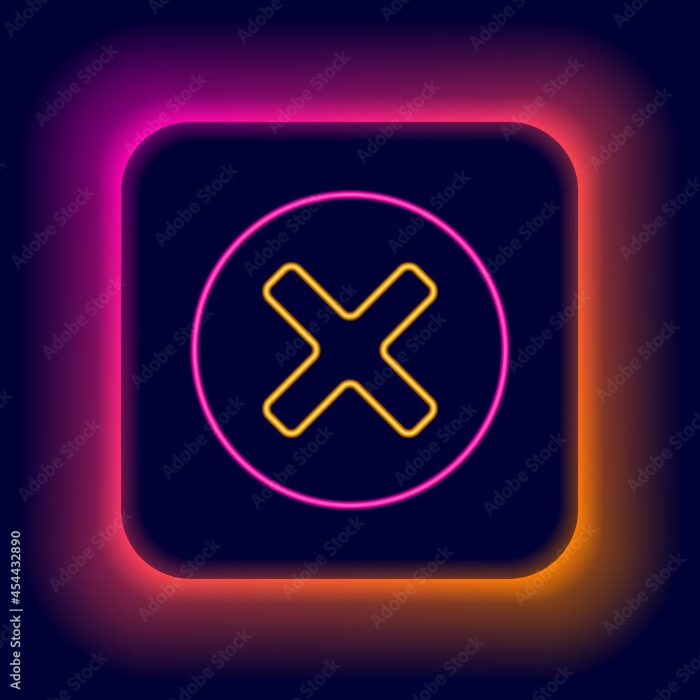 Fototapeta premium Glowing neon line X Mark, Cross in circle icon isolated on black background. Check cross mark icon. Colorful outline concept. Vector