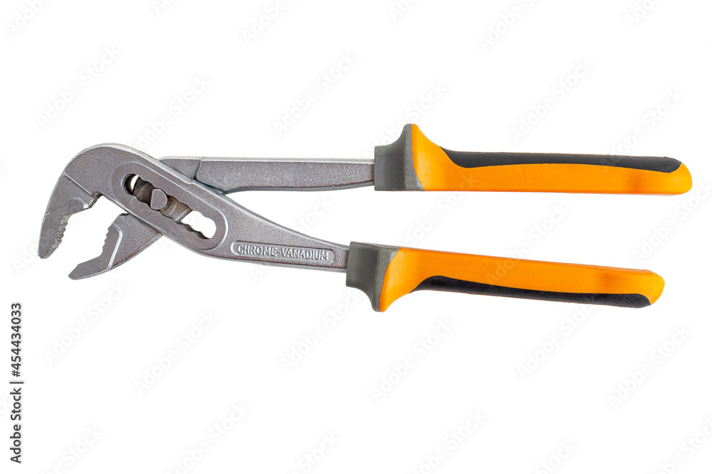 Large pipe wrench, sliding wrench, wrench, close-up, isolated on a white background Large pipe wrench, sliding wrench, wrench, close-up, isolated on a white background