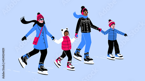 Obraz na plátně Family ice skating together