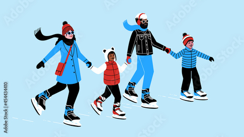 Interracial family ice skating together. Mom Dad girl boy with ice skates. happy family in ice rink. winter sports holiday family activity. 