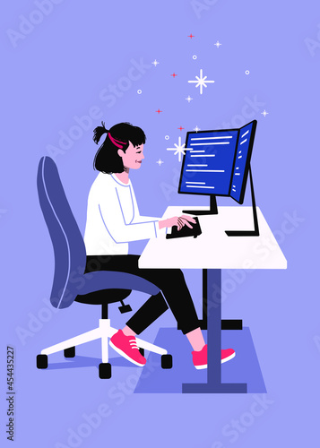 Software engineering sitting by computer.  two monitors on desk.  female software developer coding in front of screen.  computer science programmer typing.  work from home remote tech.