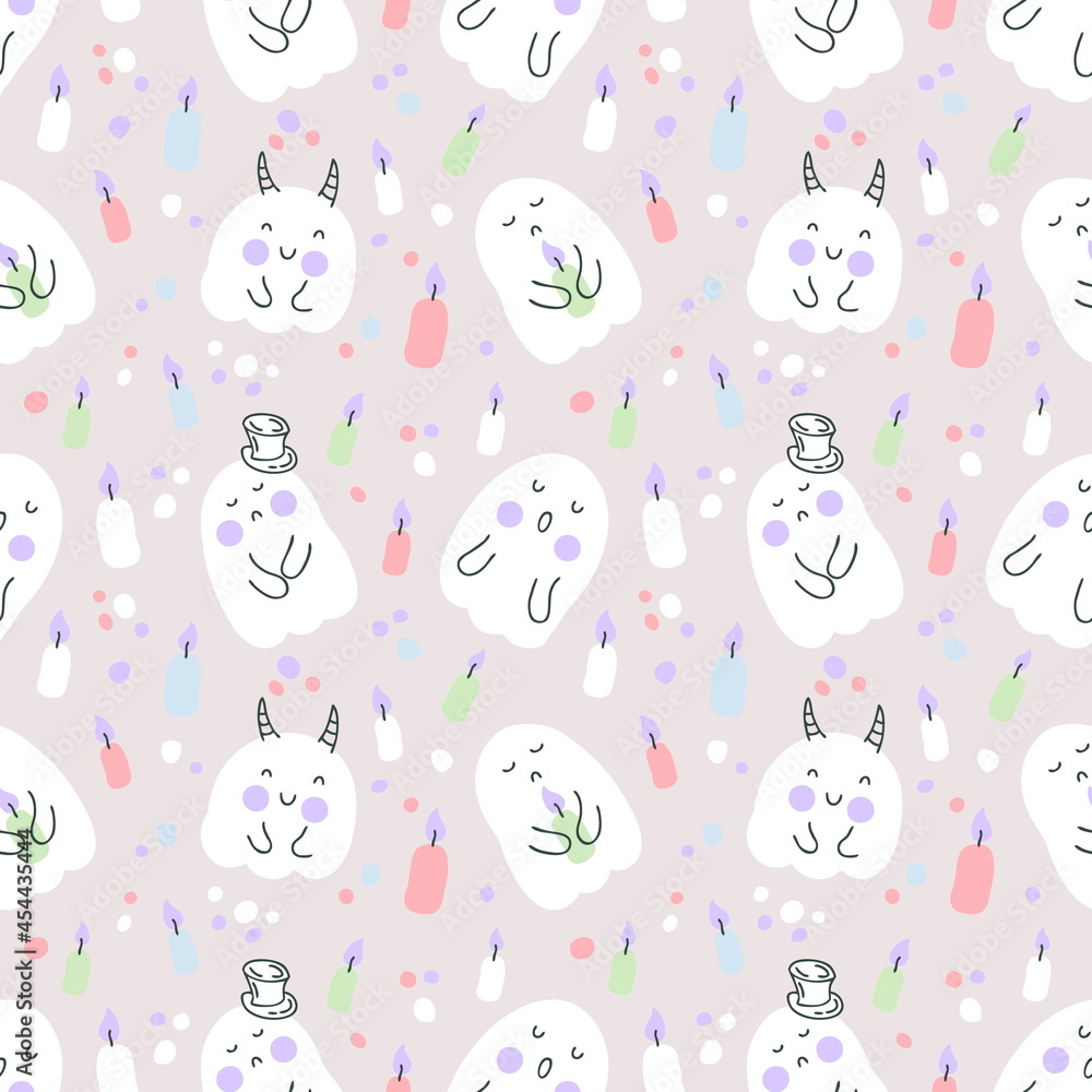 Multicolor seamless pattern with ghosts, candles and spots. Perfect for scrapbooking, poster, textile and prints. Hand drawn illustration for decor and design. Multicolor seamless pattern with ghosts, candles and spots. Perfect for scrapbooking, poster, textile and prints. Hand drawn illustration for decor and design.
