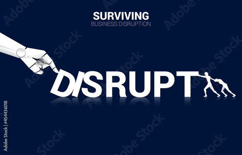 Businessman push the domino to fight with Robot hand. business concept of disruption of A.I. to make the domino effect.