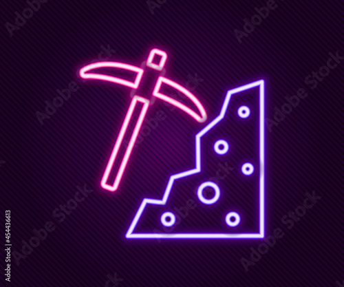 Glowing neon line Pickaxe icon isolated on black background. Colorful outline concept. Vector