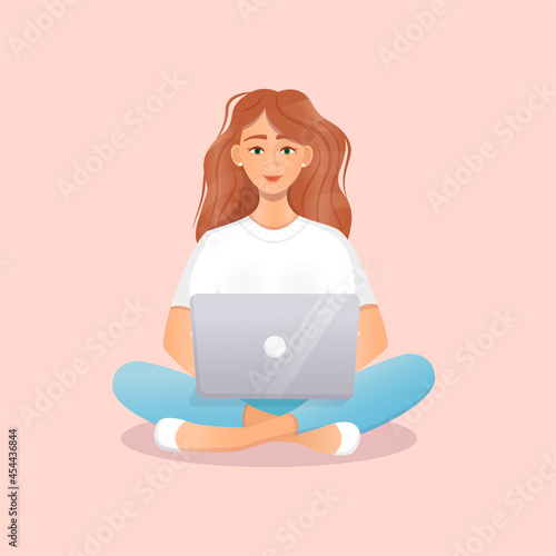 Cute red haired woman sits at a laptop while sitting in nature. Flat vector illustration of freelance, work at home, work, office, education, training. Remote work and communication in social networks