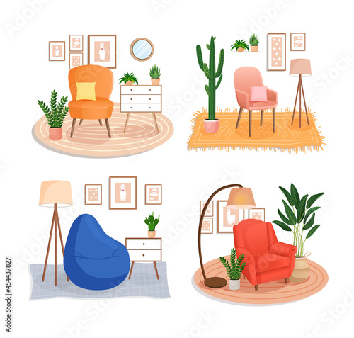 Set of cute interiors with chair, armchair and beanbag. Cute interior with modern furniture and houseplants. Vector flat style illustration. Trendy scandinavian hygge apartment, living room.