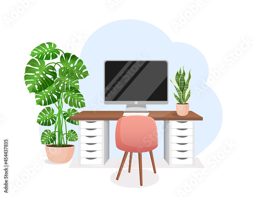 Cozy workplace with houseplants. Modern interior for home office with computer, cabinet, remote work, freelancing, teaching. Vector illustration in flat cartoon style. Comfortable workspace.