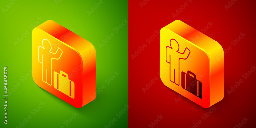 Isometric Tourist with suitcase icon isolated on green and red background. Travelling, vacation, tourism concept. Square button. Vector Isometric Tourist with suitcase icon isolated on green and red background. Travelling, vacation, tourism concept. Square button. Vector