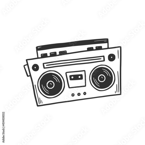Hand drawn boombox. Doodle sketch style. Drawing line simple retro music record icon. Isolated vector illustration.