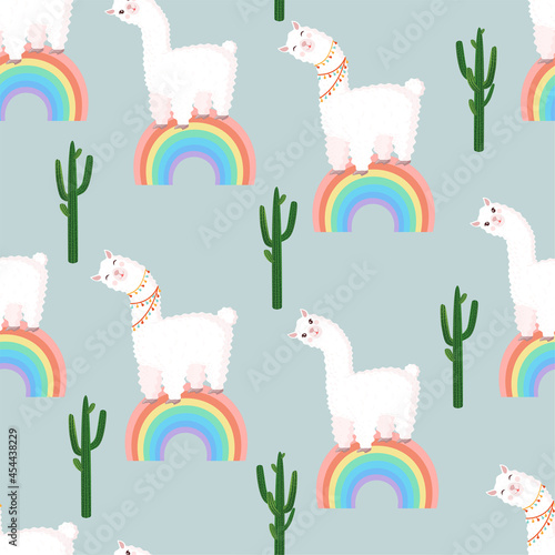 Seamless pattern with llamas on a rainbow with cactus. Vector illustration for baby texture, textile, fabric, poster, greeting card, decor. Cute alpaca from Peru. Textures with animals.