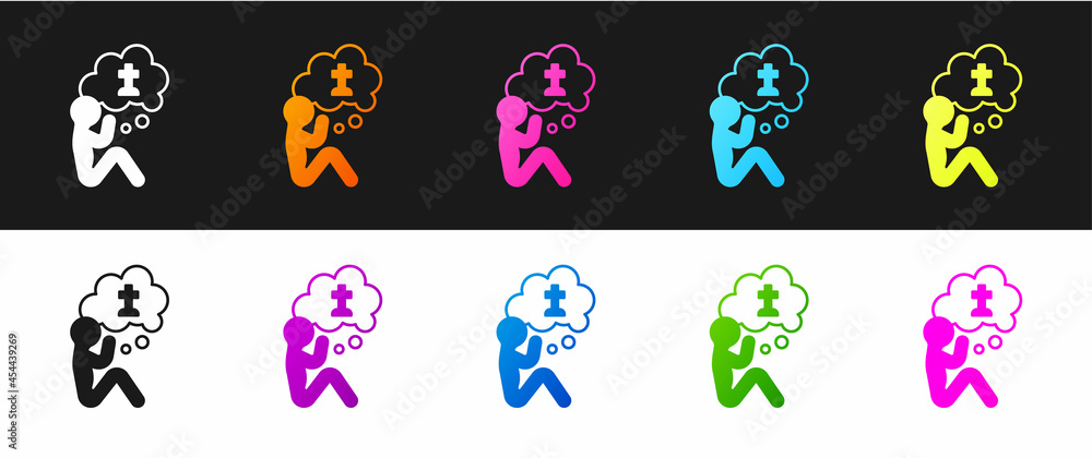 Set Man graves funeral sorrow icon isolated on black and white background. The emotion of grief, sadness, sorrow, death. Vector Set Man graves funeral sorrow icon isolated on black and white background. The emotion of grief, sadness, sorrow, death. Vector