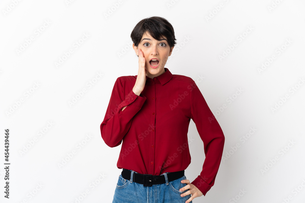 Woman with short hair isolated on white background with surprise and shocked facial expression Woman with short hair isolated on white background with surprise and shocked facial expression