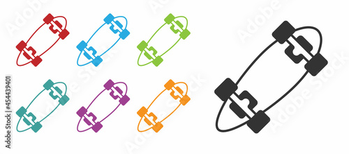 Black Longboard or skateboard cruiser icon isolated on white background. Extreme sport. Sport equipment. Set icons colorful. Vector