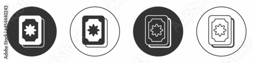Black Tarot cards icon isolated on white background. Magic occult set of tarot cards. Circle button. Vector