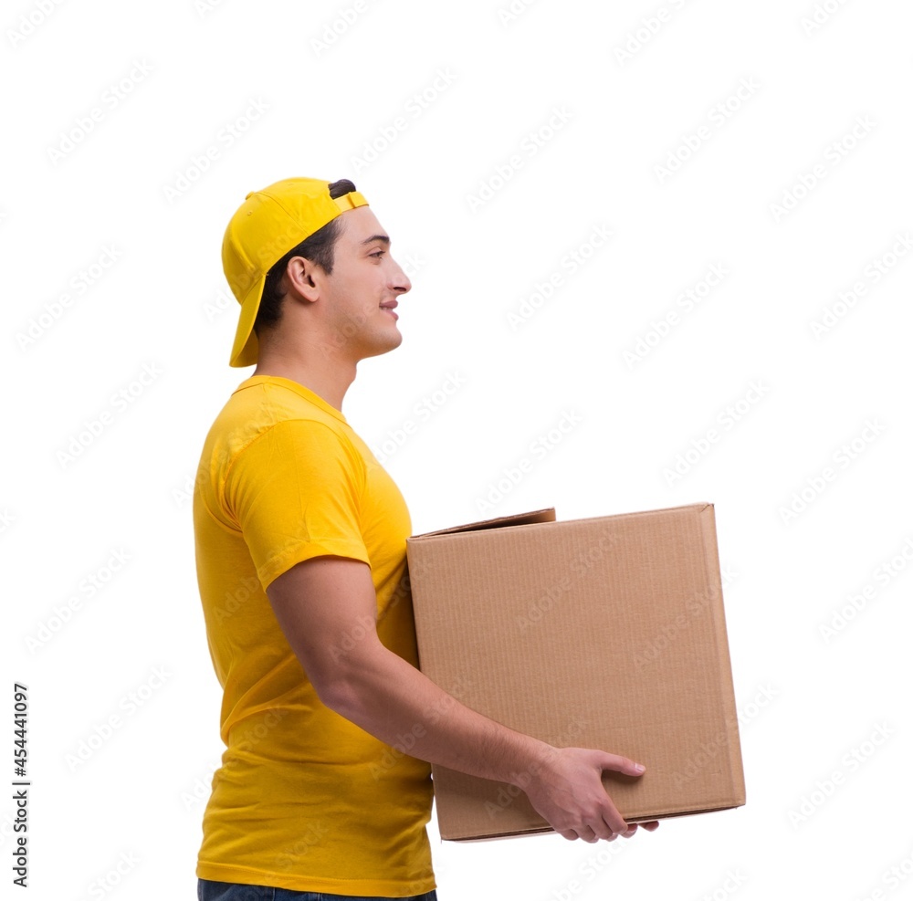 Funny delivery boy with box isolated on white Funny delivery boy with box isolated on white