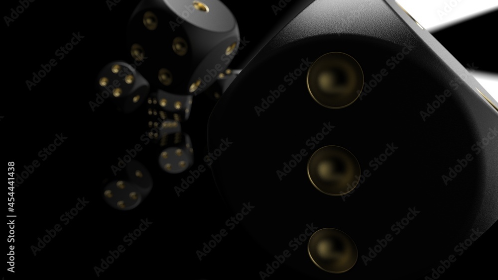 Rolling black-gold dices under black-white flash background. 3D CG. 3D illustration. 3D high quality rendering.