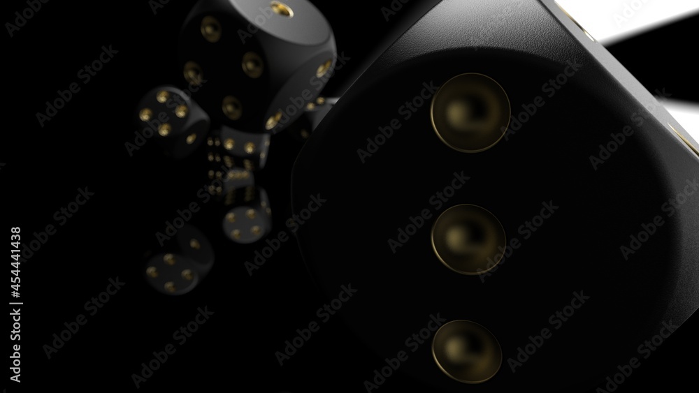 Rolling black-gold dices under black-white flash background. 3D CG. 3D illustration. 3D high quality rendering. Rolling black-gold dices under black-white flash background. 3D CG. 3D illustration. 3D high quality rendering.