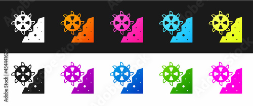 Set Bucket wheel excavator icon isolated on black and white background. Vector