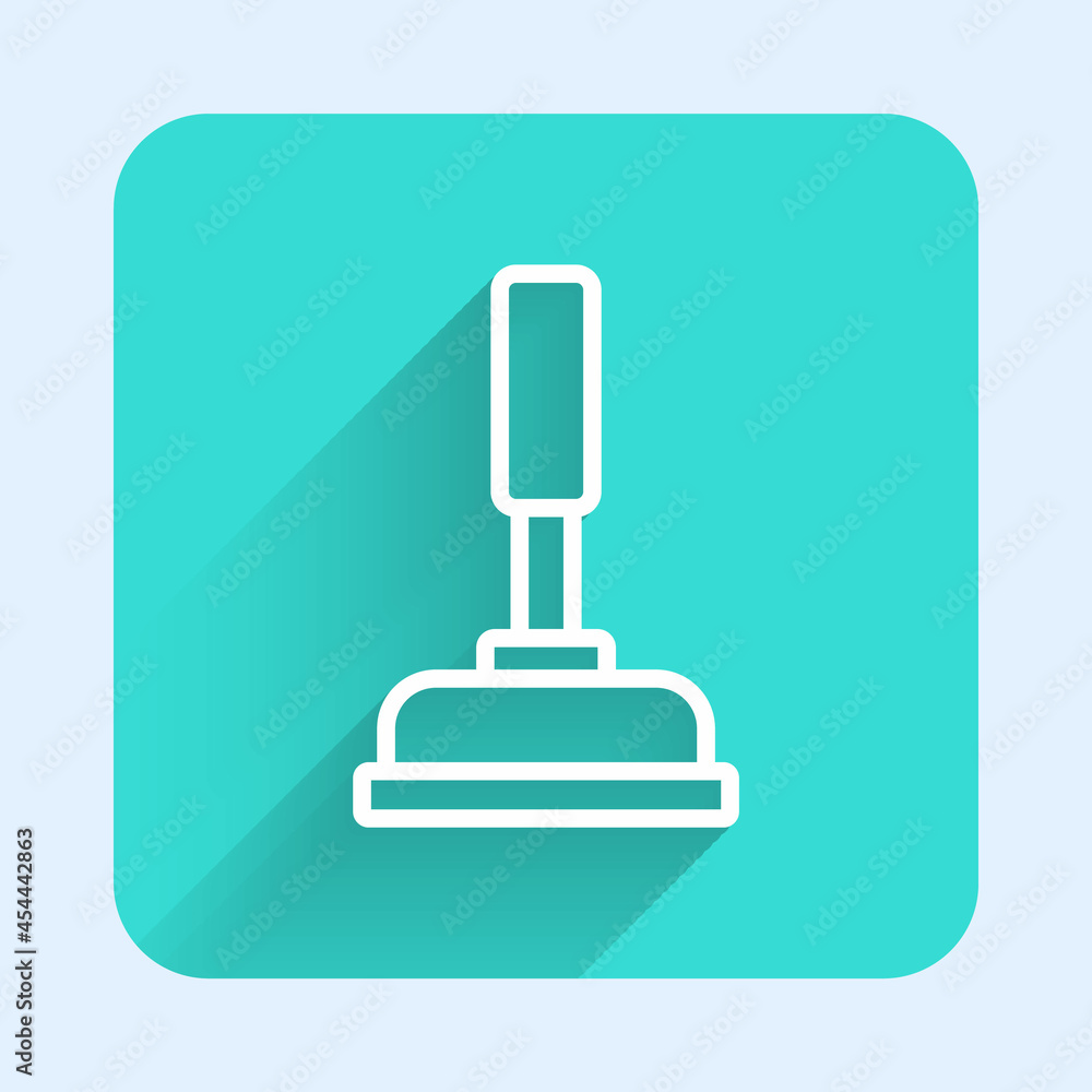 White line Rubber plunger with wooden handle for pipe cleaning icon isolated with long shadow background. Toilet plunger. Green square button. Vector White line Rubber plunger with wooden handle for pipe cleaning icon isolated with long shadow background. Toilet plunger. Green square button. Vector