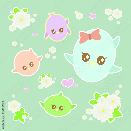Illustration of cute bird cartoon with flowers and leaves 