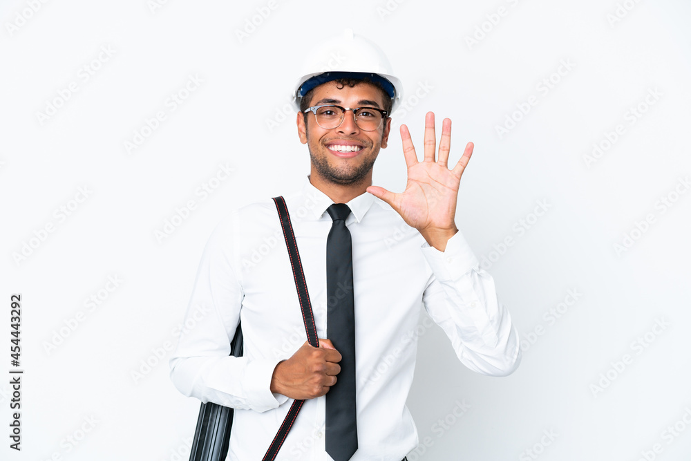 Architect brazilian man with helmet and holding blueprints counting five with fingers