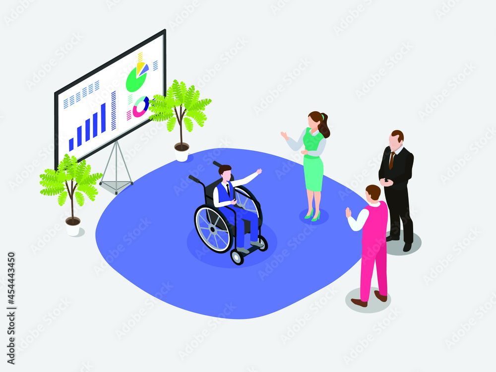 Fototapeta premium Disabled businessman sitting on wheelchair and talking with his partner during a meeting. isometric vector concept