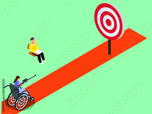 Disabled female athlete shooting target in competition while sitting on the wheelchair. isometric vector concept