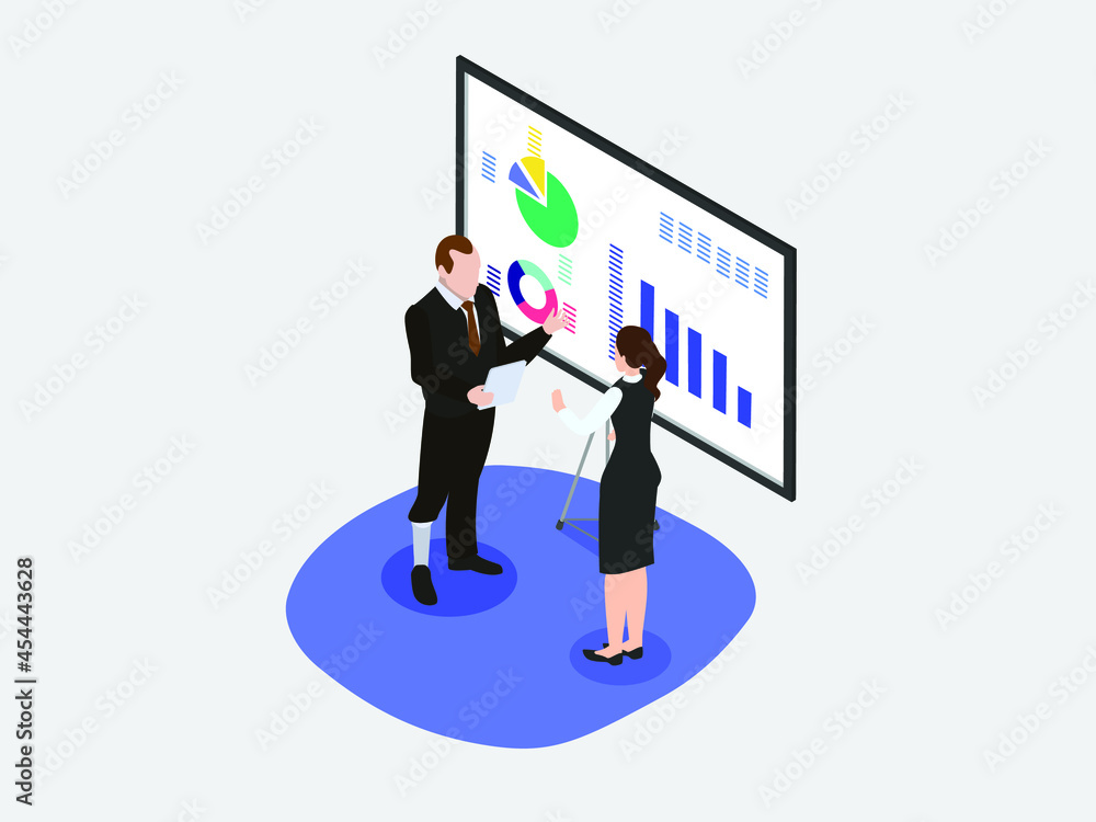 Fototapeta premium Disabled businessman with artificial leg discussing financial graph with businesswoman. isometric vector concept