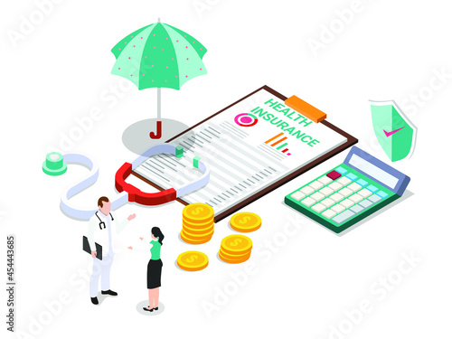 Female patient and doctor talking about health insurance coverage and cost. isometric vector concept