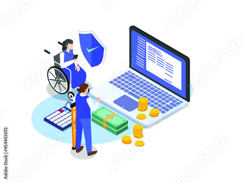 Disability insurance isometric vector concept. Handicapped people looking at online disability insurance application form on the laptop computer