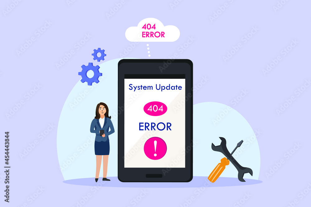 System update vector concept: Young woman doing system update software on her mobile phone System update vector concept: Young woman doing system update software on her mobile phone
