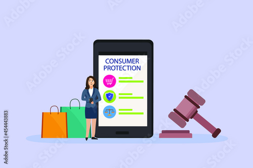 Consumer protection vector concept: Young woman shopping on mobile phone app with consumer protection 