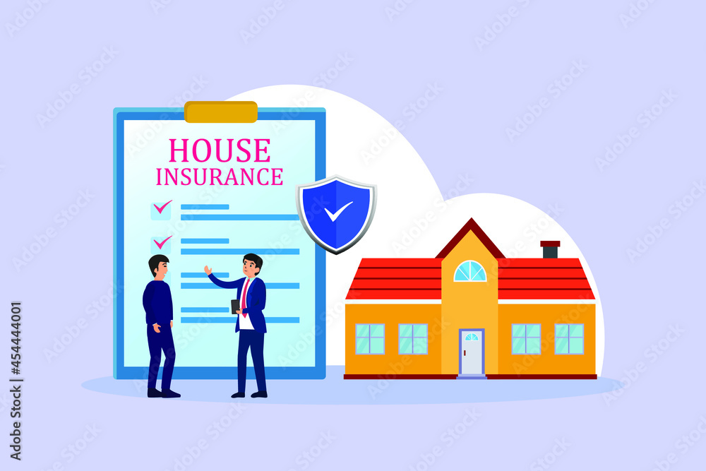 House insurance vector concept: Young salesman explaining about house insurance to his client while showing form of house insurance House insurance vector concept: Young salesman explaining about house insurance to his client while showing form of house insurance